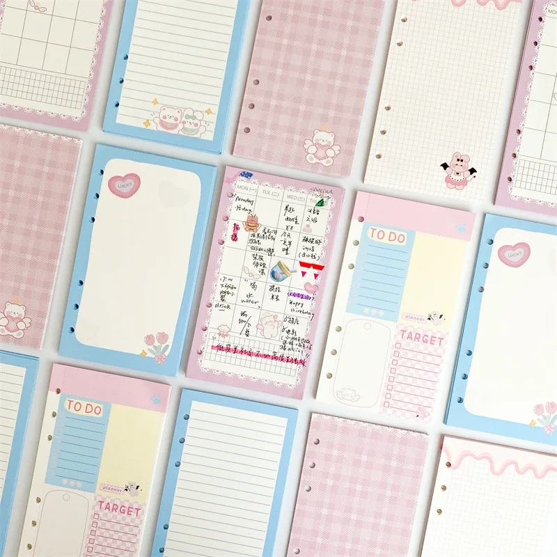 Cuaderno de hojas sueltas Kawaii A6, recambio de carpeta espiral, páginas internas de papel de índice, planificador diario, línea de cuadrícula,