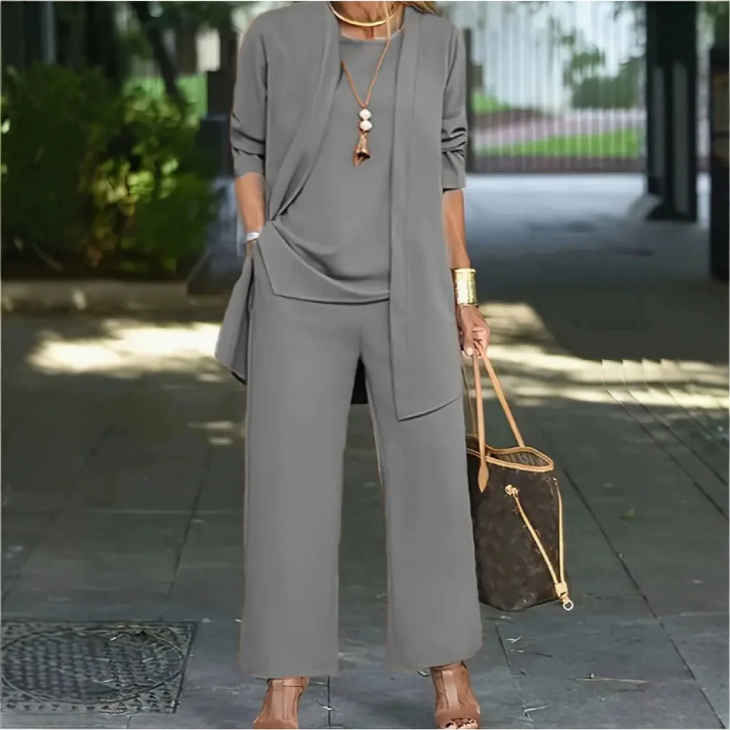 

Женский однотонный жилет без рукавов с разрезом и круглым вырезом, куртка-кардиган с длинными рукавами, комплект широких брюк