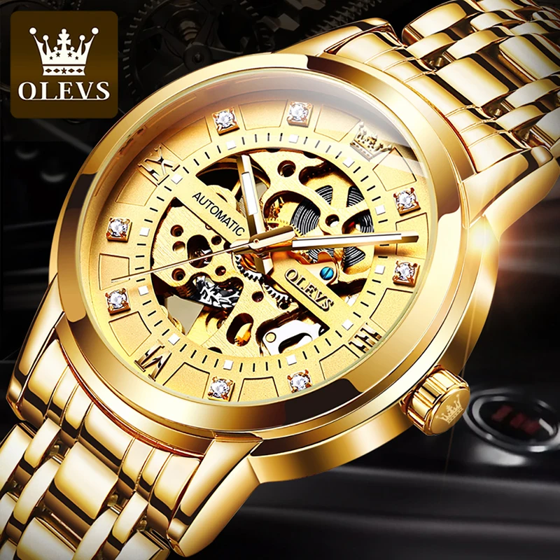 

OLEVS Mens Watches Top Brand Luxury All Gold Mechanical Watch Hollow Dial 2024 New Men Watch Luminous Waterproof Steampunk 9901