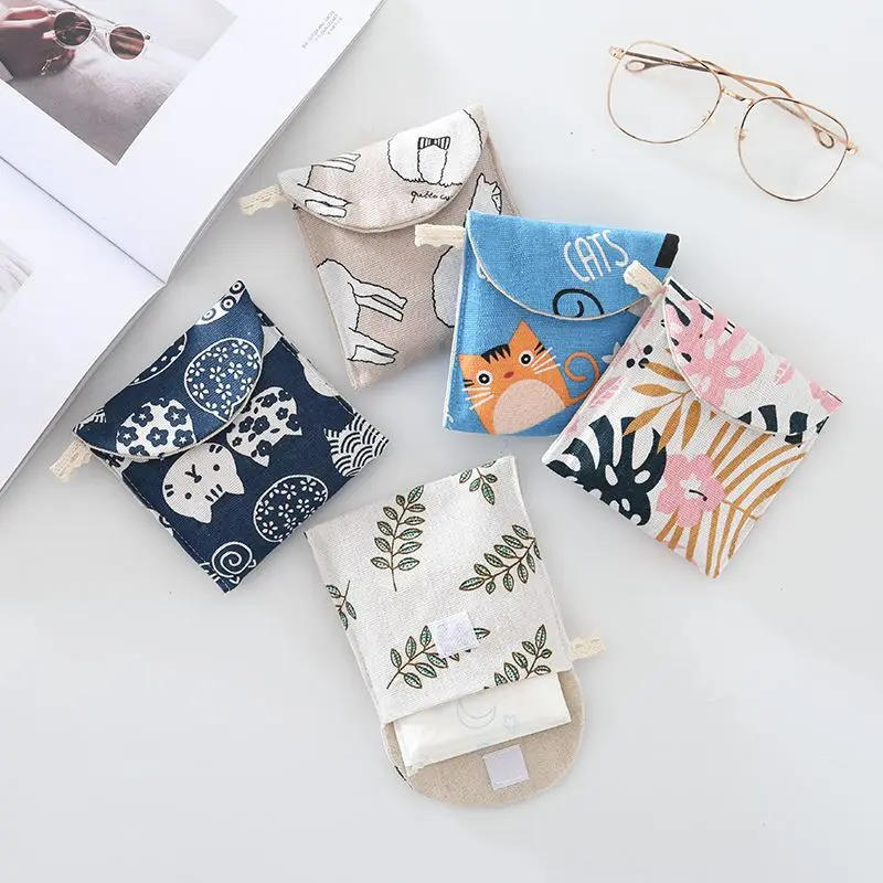 Sanitary Napkin Bag Cute Cotton Fabric Coin Money Storage Bags Women Small Cosmetic Lipstick Make Up Credit Card Organizer Case