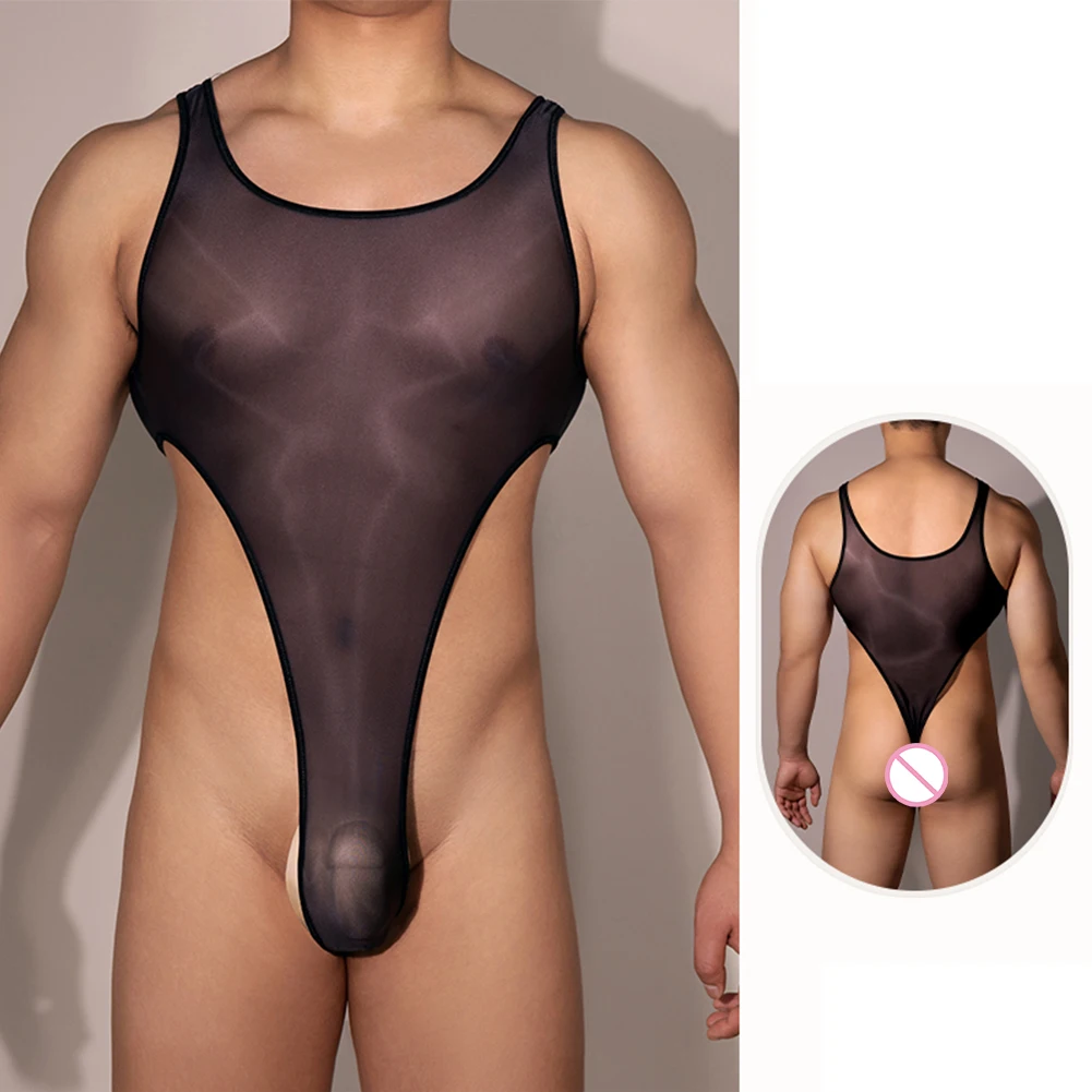 

Mens Shiny See-through Bodysuit Erotic Underwear High Stretch Backless Thong Leotard High Cut Swimwear Romper Sheer Jumpsuit