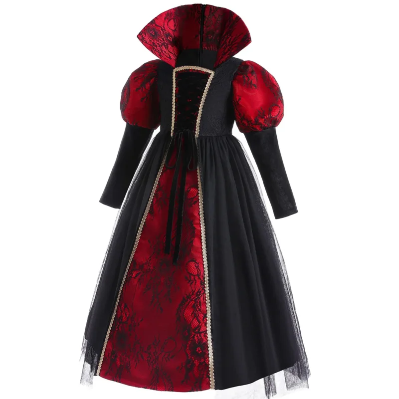 Vampire Costume Deluxe Carnival Party Black Trailing Mesh Dress Kids Cosplay Halloween Demon For Girls Boys Clothes Suit