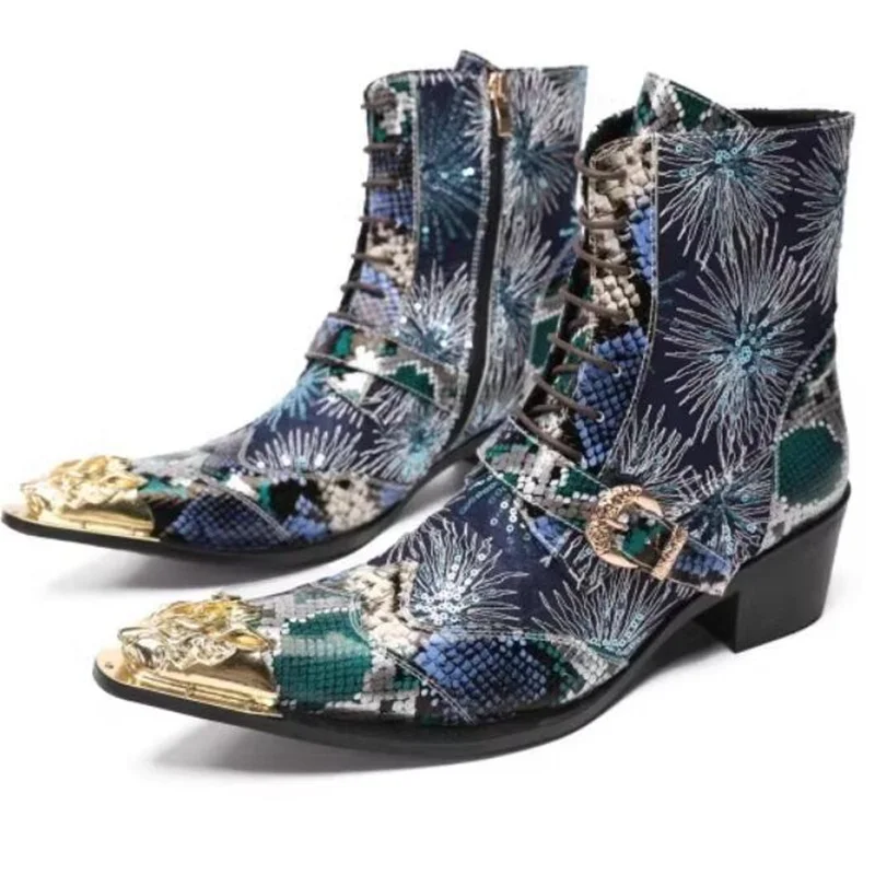 

Men's Chelsea Boots Print Snake Genuine Leather Pointed Toe Buckle Strap High Top Mens Shoes Red Green Beige