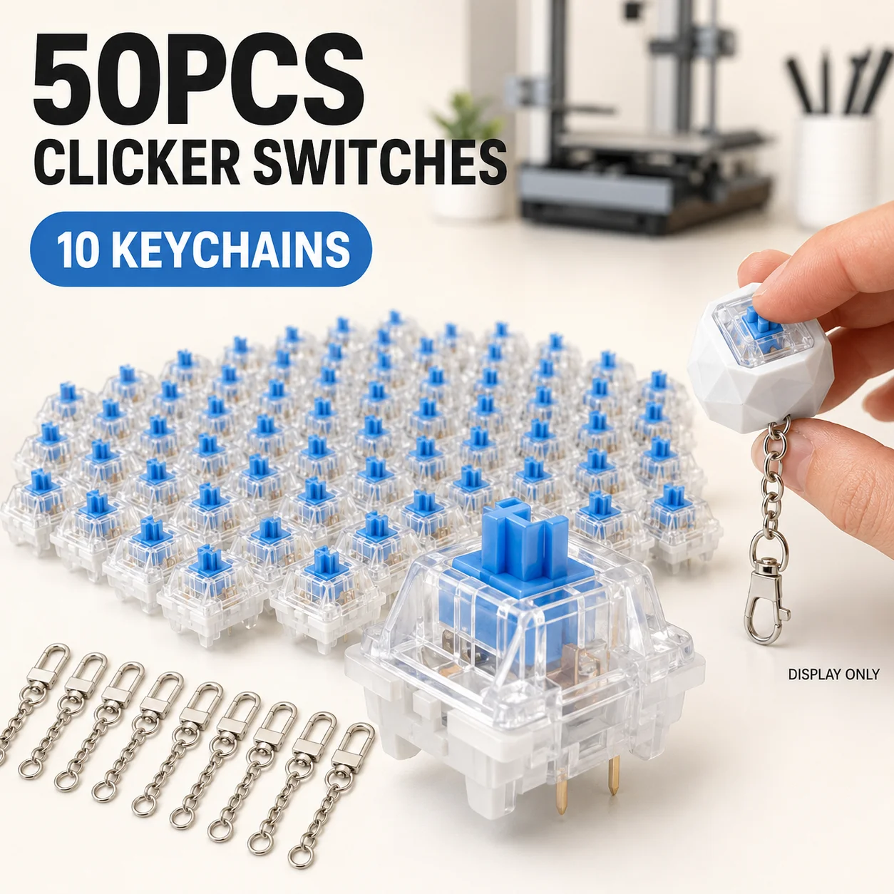 50PCS 3-Pin MX Style Mechanical Keyboard Switches Clicky Keyboard Clickers for 3D Printed Fidget Toys DIY Projects with 10 Keych