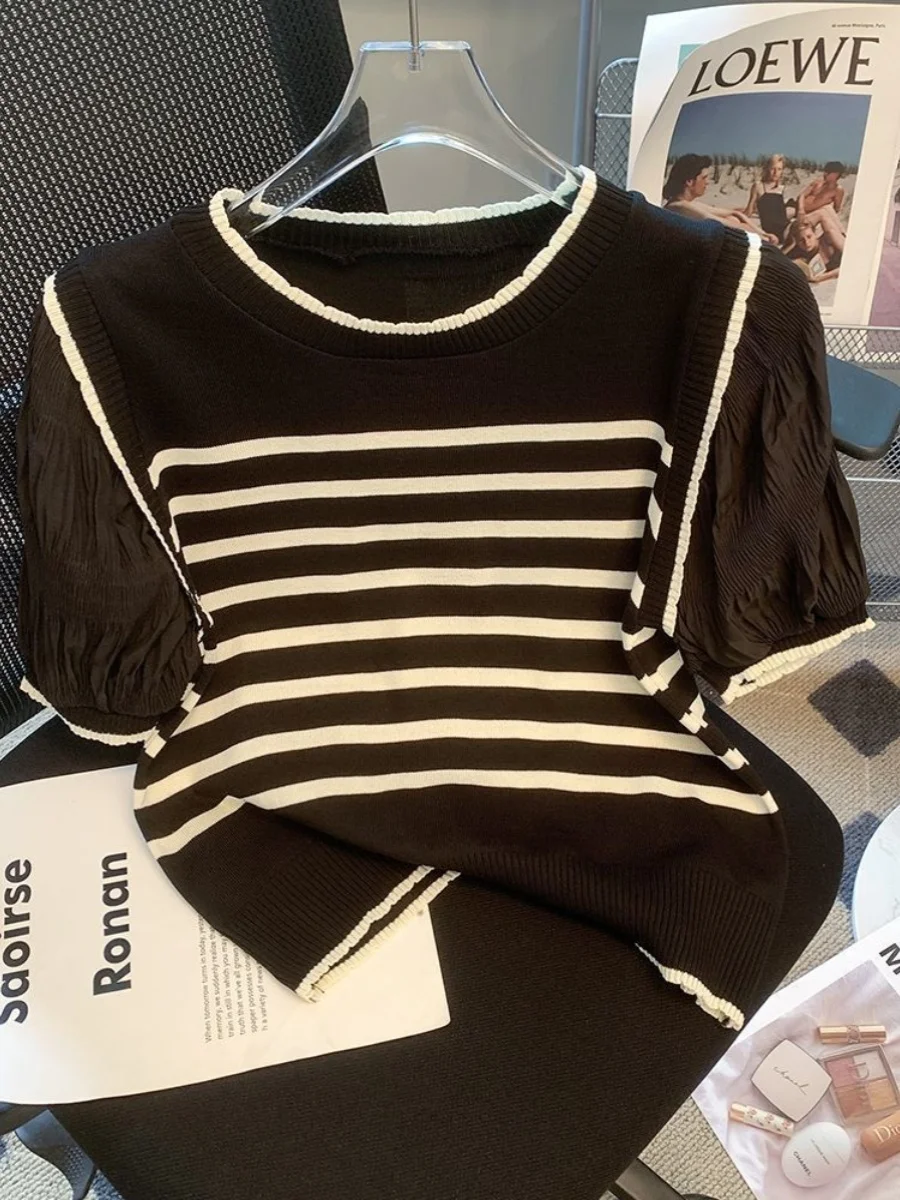 2025 Women Fashion Striped Basic Cropped Knit Sweater Vintage O Neck Short Sleeve Female Pullovers Chic Tops