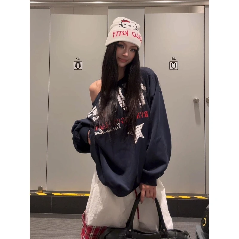 

American Streetwear Vintage Long Sleeve Pullover Women Casual O-Neck Letter Print Top Harajuku Retro Punk Style 2025 Autumn