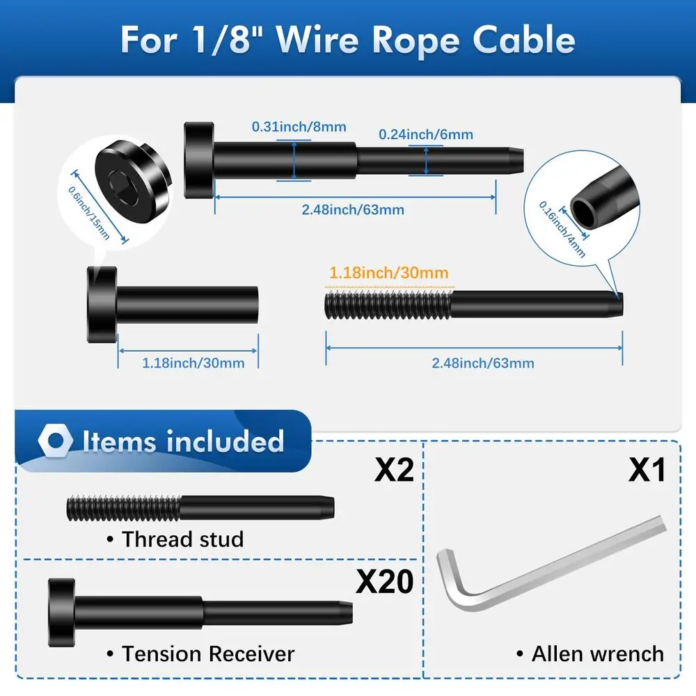 Invisible Cable Railing Kit 20Pack T316 Marine Grade PVD Technology Swage Tensioner 1/8" Hidden Terminal Easy Installation