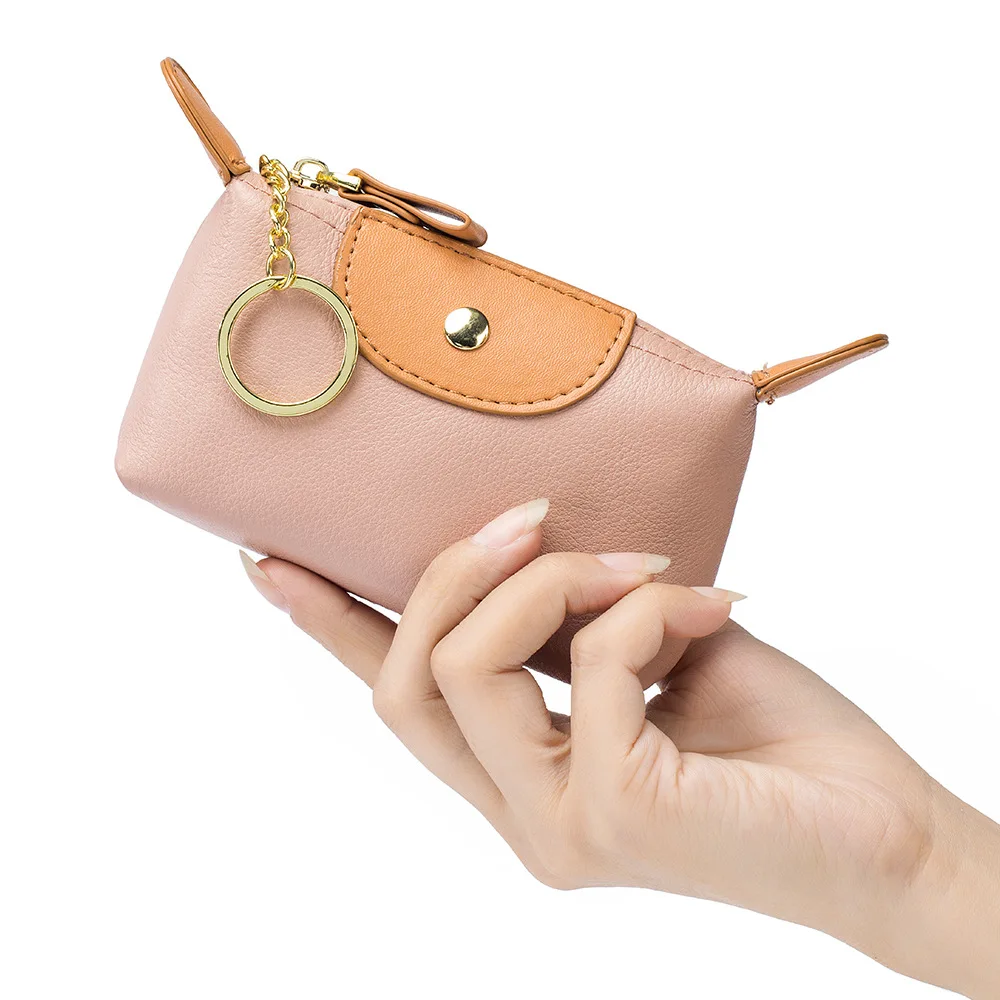 Zippered Genuine Leather Coin Purse Luxury Dumplings Design Large Capacity Change Pouch Cosmetics Wallet with Key Ring for Women