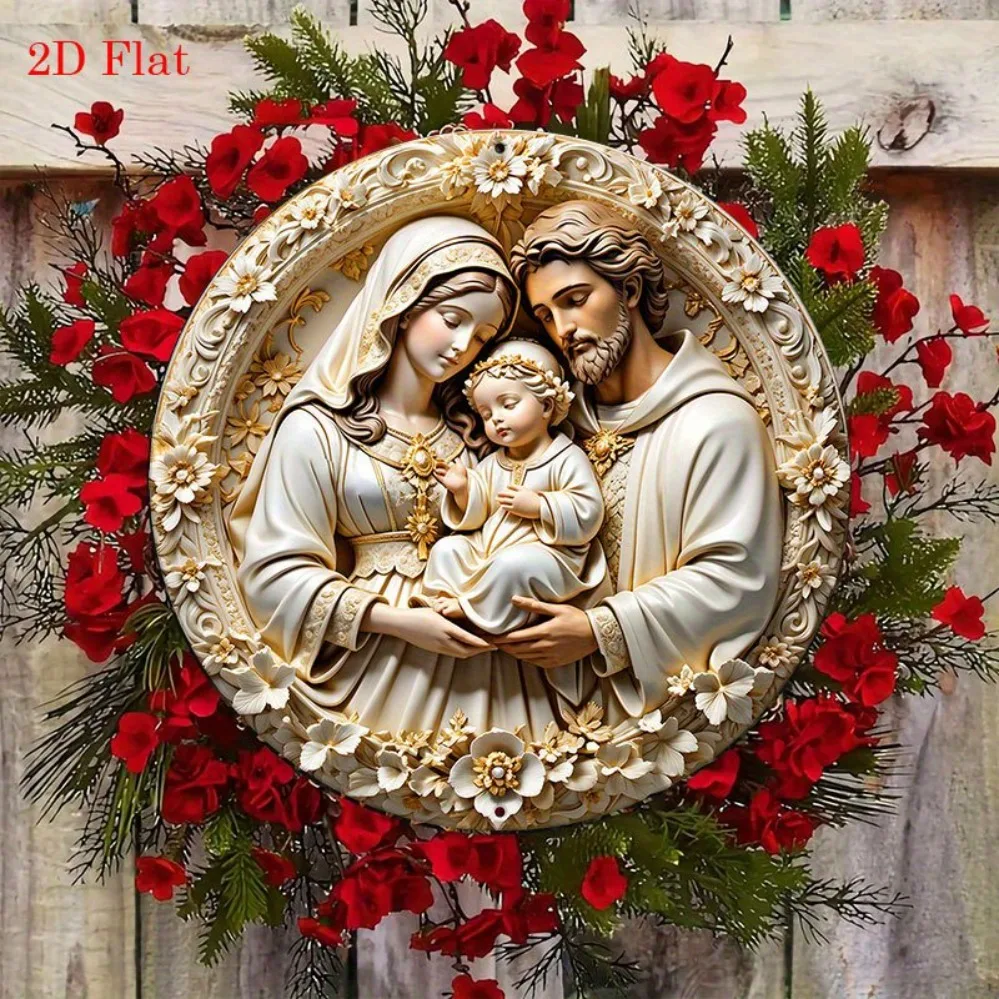 2D Metal Sign, 8 Inch Round Metal Wall Art, Religious Home Decor with Maria, Laser Cut Iron Sign for Living Room Bedroom, Easy t