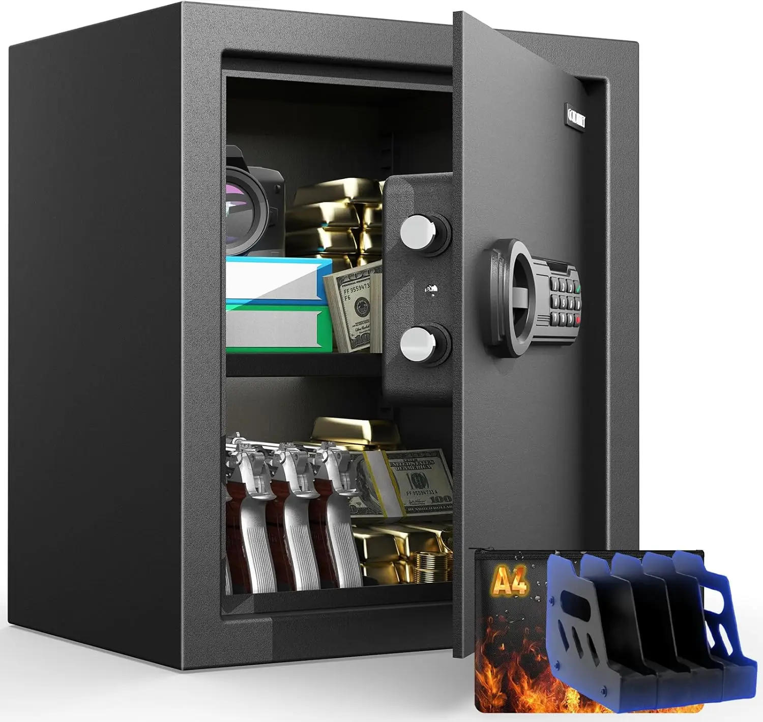 

2,3 Cu.Ft. Домашний сейф с подставкой для пистолетов, огнестойкие водонепроницаемые сейфы безопасности с огнестойкой сумкой, двойным кодом, регулируемой полкой, муравьи