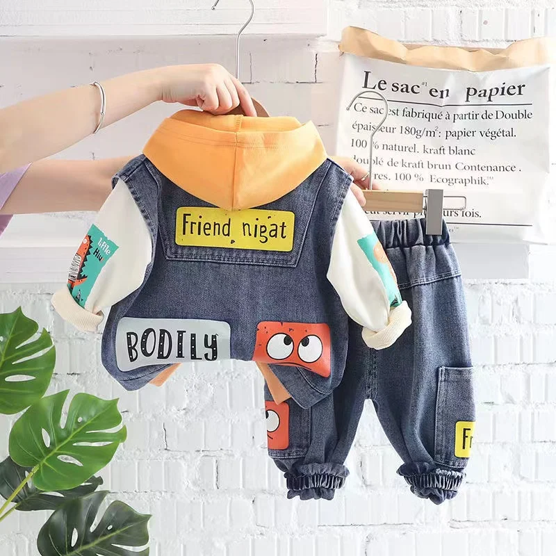 Children Boys Solid Denim Pants Suit Autumn Elastic Waist Boys Jeans hoodies vest Sets Young Kids Boys Casual 3pcs