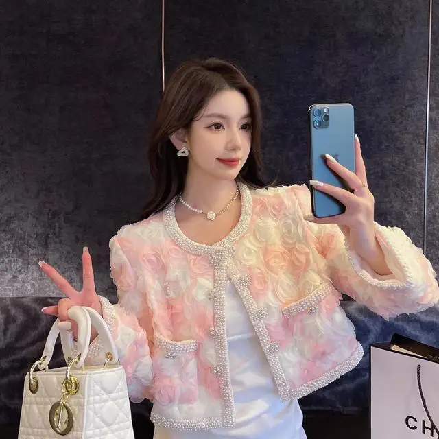 Korea Flower Coat Fall Winter Fashion Women Pearl Edge Studded Three-Dimensional Floral Yarn Short Jacket