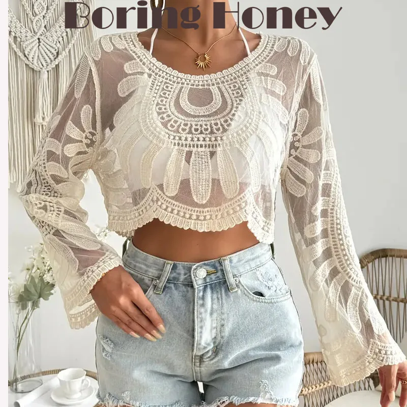 

Boring Honey Summer O-Neck Hollow Crocheted T-Shirt Beach Holiday Lace Long-Sleeved Sunscreen Blouse Fashion All-Match Top Women