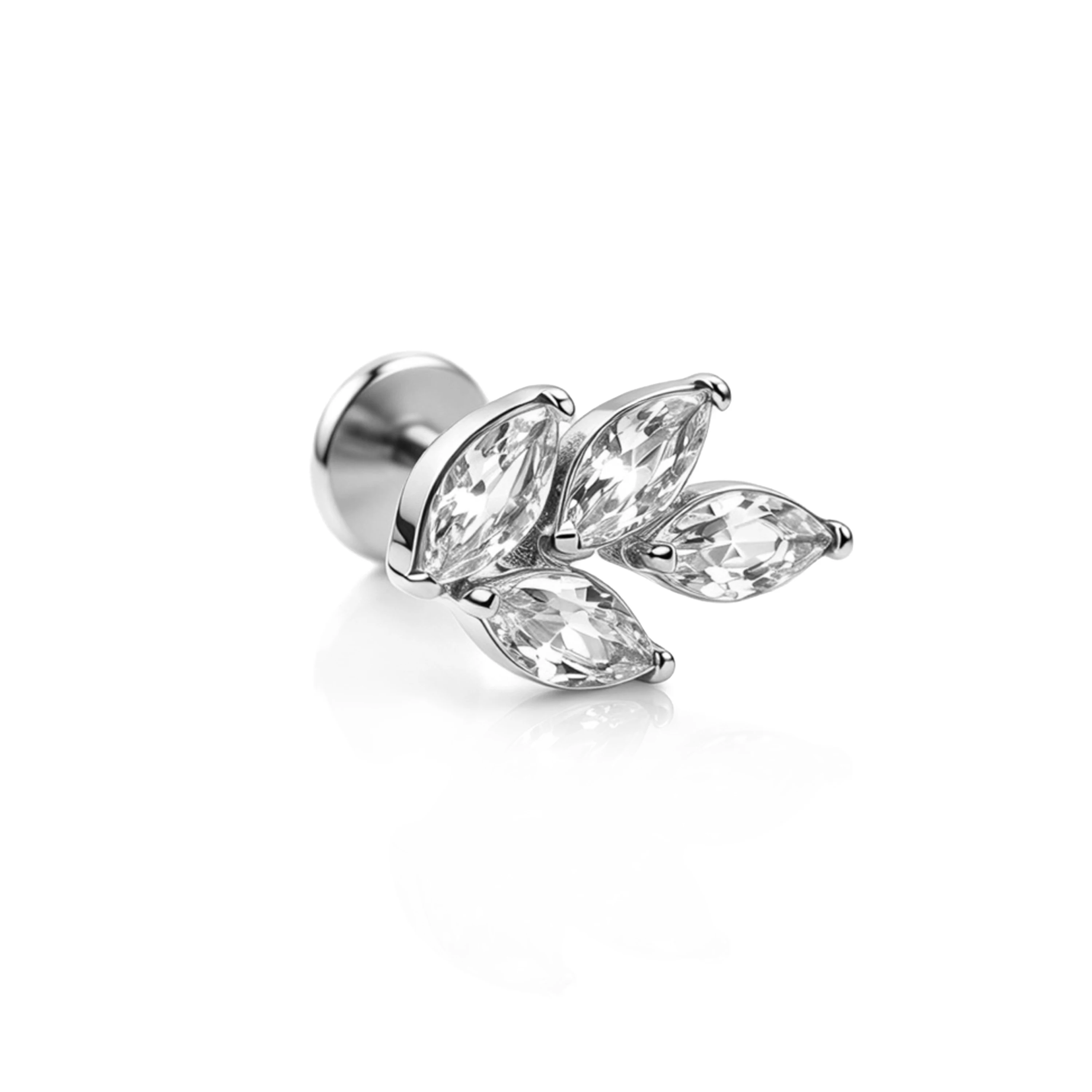 1 pieza de joyería para piercing con diseño de rama y hoja, hecha completamente de titanio y con circonitas, con base plana y rosca interna, ideal para el lóbulo de la oreja y apta para múltiples zonas del cuerpo; también se puede usar como joya para el labio.