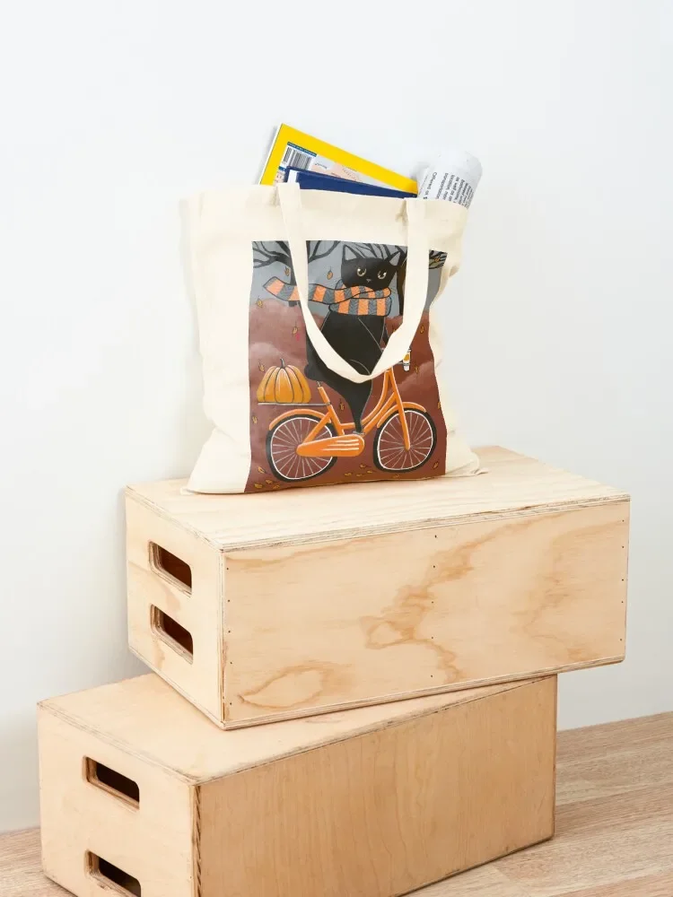 Black Cat Autumn Bicycle Ride Tote Bag eco bag folding shoping bag canvas shopping handbag