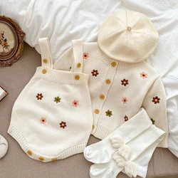 Autumn Spring Toddler Baby Girl Clothes Suit Long Sleeved Knitted Flower Embroidered Cardigan Rompers Children Clothes Set