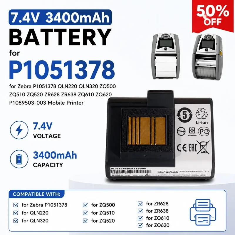 

7.4V 3400mAh Battery for Zebra P1051378 QLN220 QLN320 ZQ500 ZQ510 ZQ520 ZR628 ZR638 ZQ610 ZQ620 P1089503-003 Mobile Printer