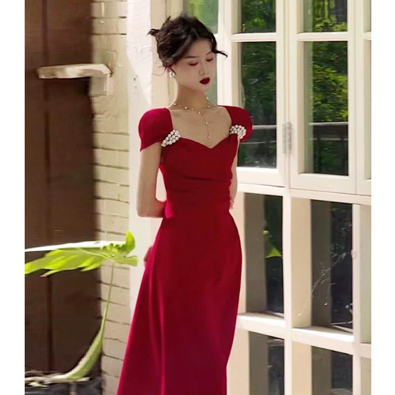 

Красное свадебное платье для женщин: модное, приталенное, миди, с жемчужной отделкой, V-образным вырезом, для свадебной церемонии и приема гостей