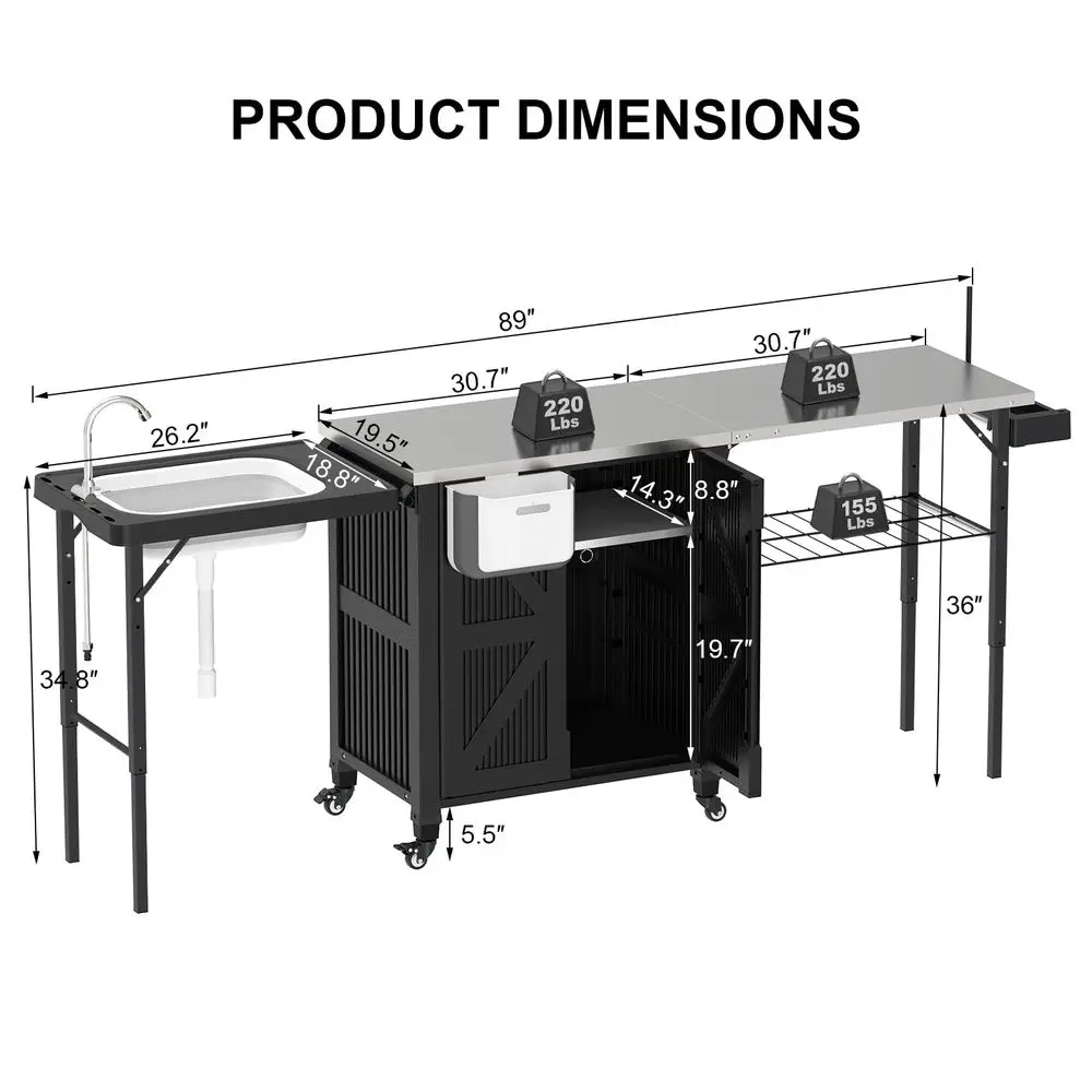 

Kitchen Island with Storage Cabinet, 3in1 Movable Grill Cart with Stainless Steel Tabletop, 4 Swivel Wheels, Foldable Sink Roll