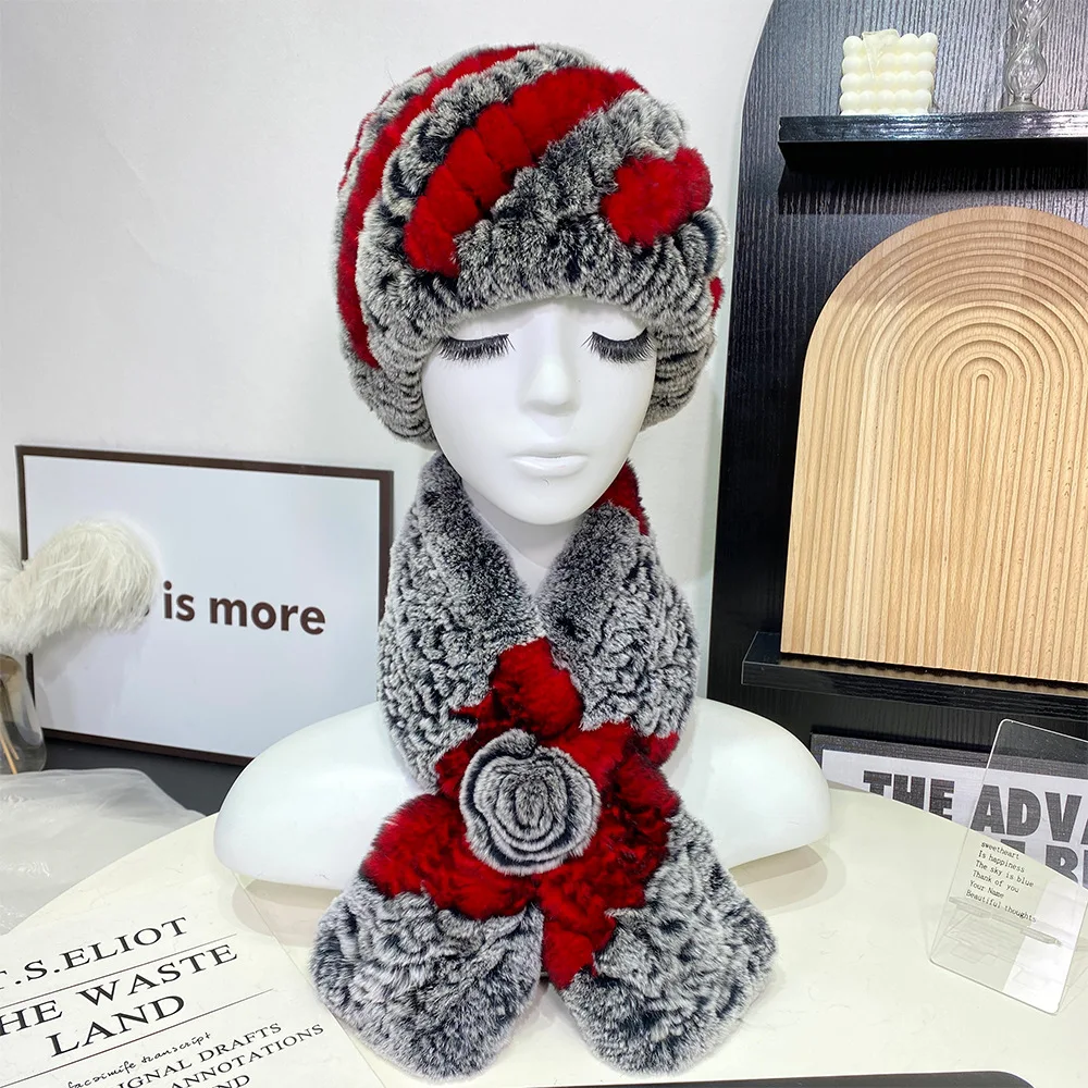 Fashion Ladies Knitted Rex Rabbit Fur Woven Thick Ring With Striped Hat Women Warm Winter Outstreet Luxury Cross Flower Scarf