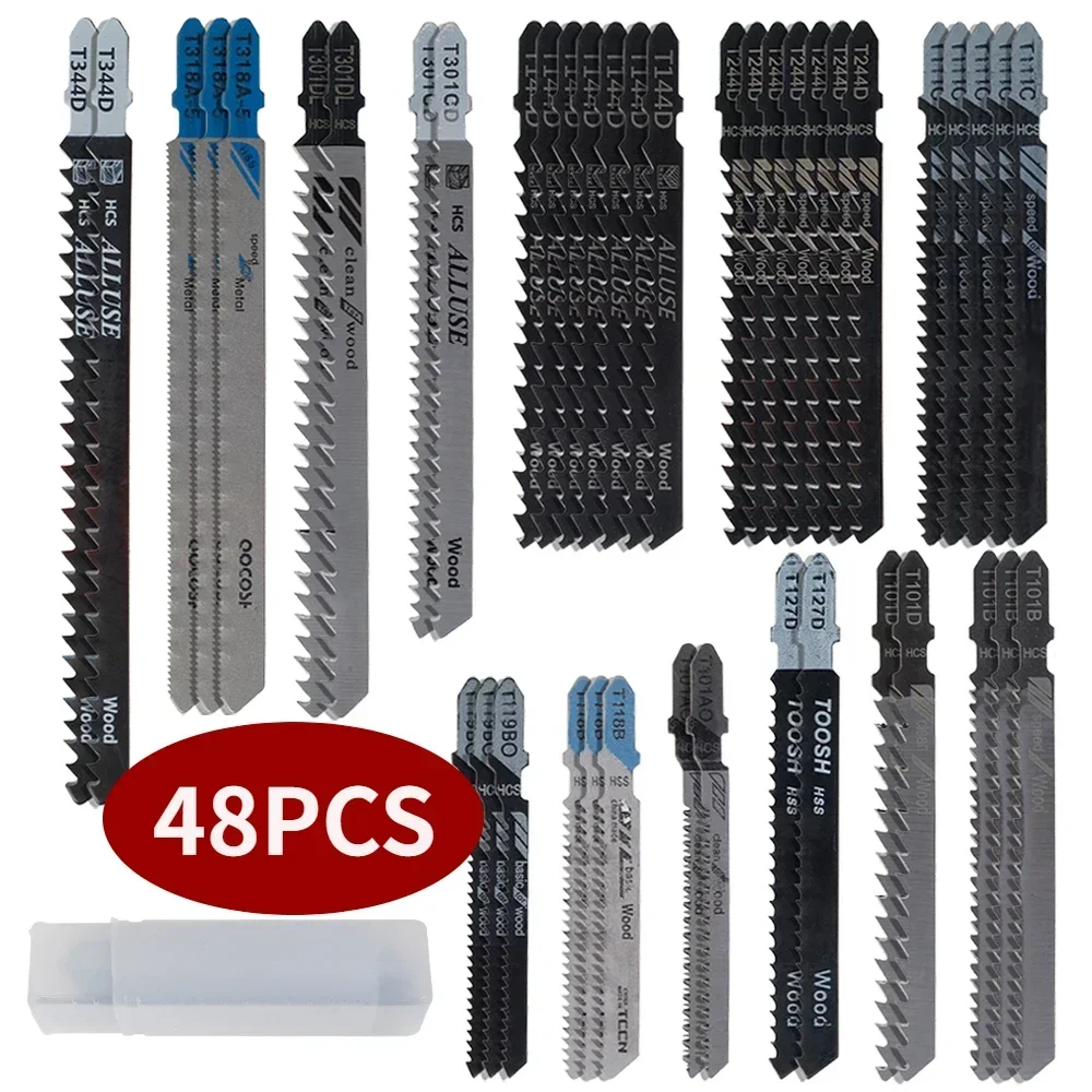 

Jigsaw Blades Set 48Pcs HCS Jigsaw Blade T-Shank Jigsaw Blades Wood Fine Cut Jig Saw Blades for Wood, Plastic, Metal Cutting