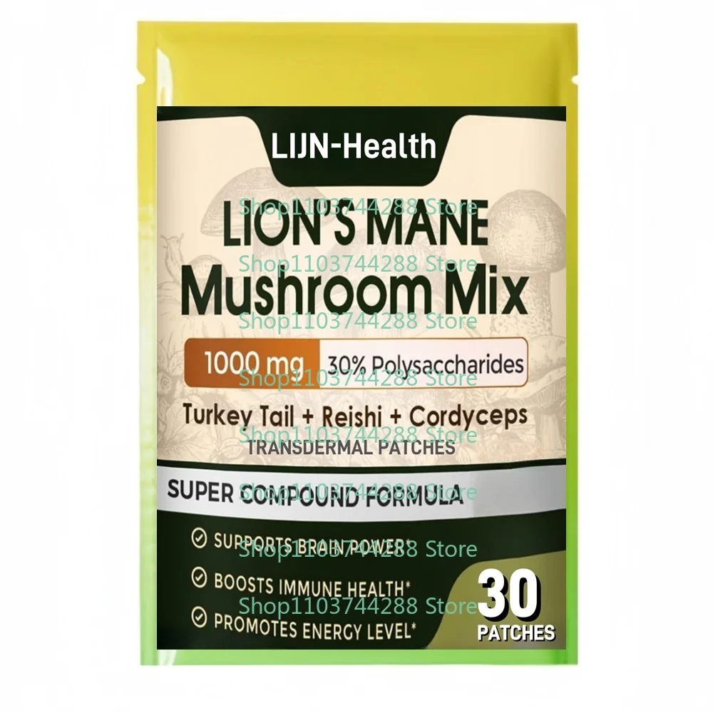 

30 Patches Lions Mane Mushroom Transdermal Patches with Cordyceps, Reishi, Turkey Tail - for Memory, Focus & Immune Support