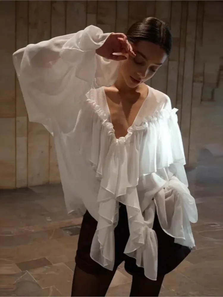 

Прозрачный шифоновый топ с v-образным вырезом и длинными рукавами, рубашка для пляжной вечеринки, прозрачная женская рубашка с низким вырезом, однотонные топы с рюшами