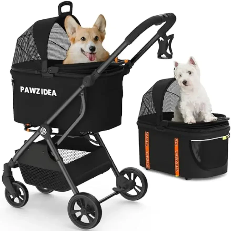 PAWZIDEA Pet Stroller 4 in 1, Dog Strollers for Small/Medium Dogs/Cats with Detachable Carrier NO-Zip Canopy, Seatbelt