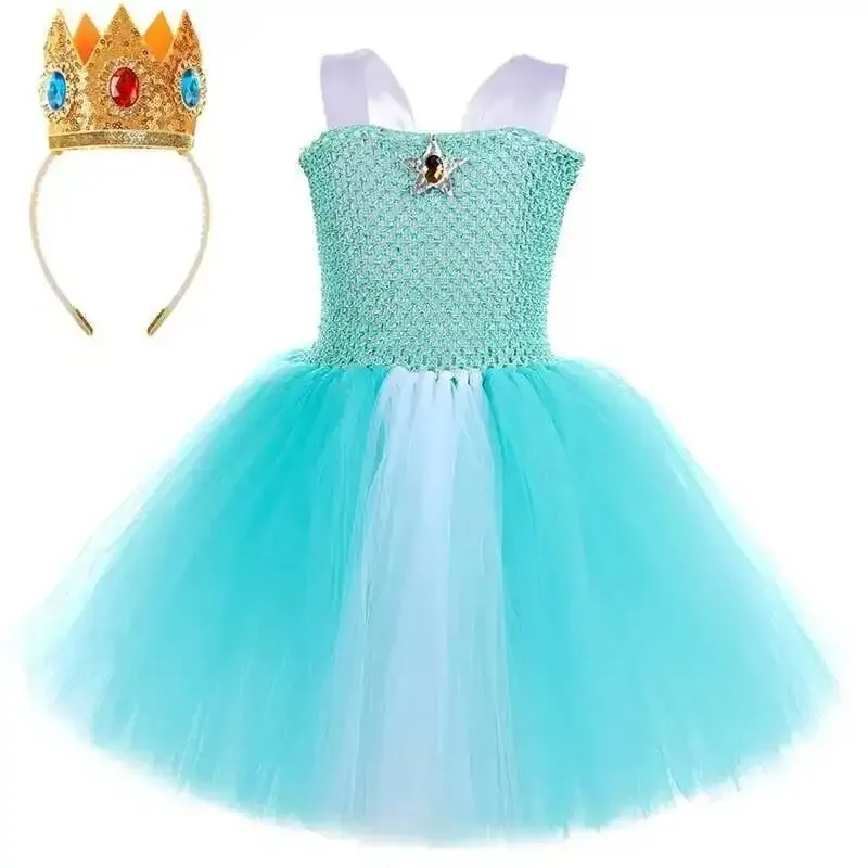 Halloween Blue Tulle Princess Dress Set Kids Fluffy Tutu Skirt Children Stage Performance Outfit With Decor Crown Accessories