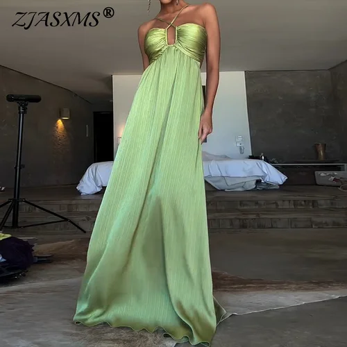 Nuevo vestido de fiesta elegante de Color sólido con espalda descubierta, vestido largo plisado de satén con agujeros, vestido Sexy de cintura alta con cuello Halter para vacaciones para mujer