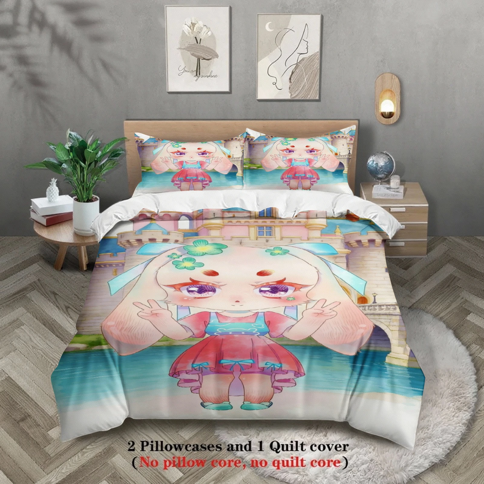 Softville Cozy Town 3PCS Bedding Sets Lop RabbitMaking Peace Signs Printed Duvet Cover No filling Cartoon Style Queen King Size
