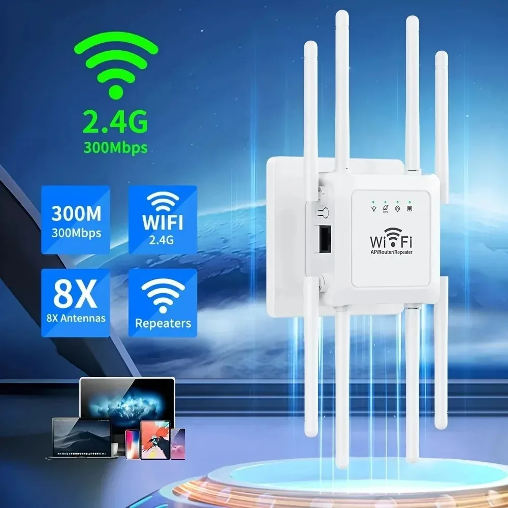 Repetidor WiFi de 300Mbps, Extensor de Señal WiFi Inalámbrico de Alta Ganancia con 8 Antenas, Amplificador de Red de Doble Banda 2.4G, Router WPS