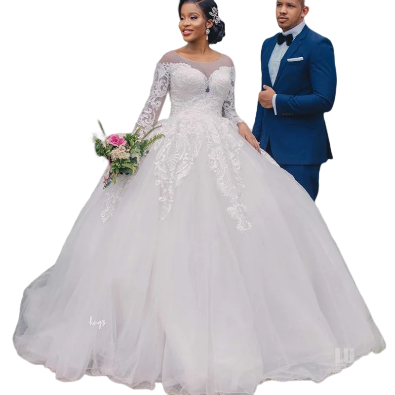 Vestidos de novia con apliques de encaje y escote redondo de princesa, vestidos de novia de manga larga de estilo campestre