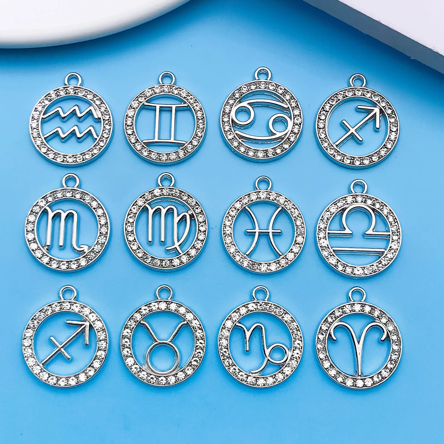 24pcs/lot Alloy 12 Constellation Charm Silvery Inlaid Rhines