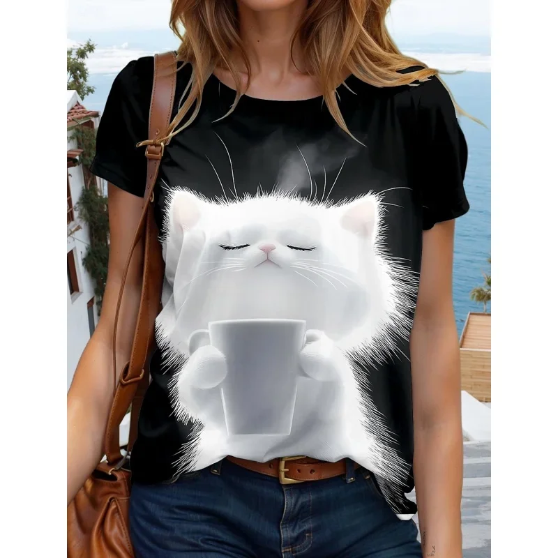 Plus Size Bloem Kat Bier Patroon T-shirt Voor Vrouwen Fun Konijn 3D Gedrukt Korte Mouw Losse T-shirts O-hals Top Tees streetwear