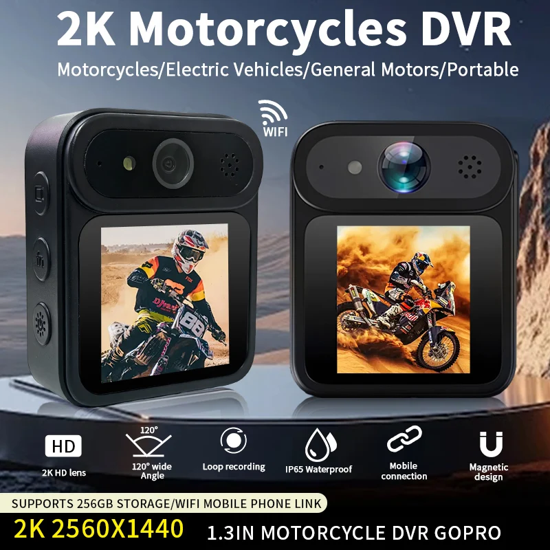 2K HD Motorcycles Recorder Camera 120° Lens WiFi Image Stabilization IP65 Waterproof Loop Recording For Cycling Sports Portable