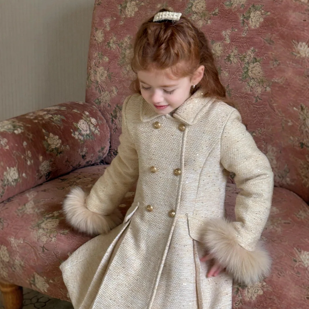 

Winter Children Girls Woolen Jacket Turn Down Collar Thicken Warm Kids Girls Coat Fur Cuff Toddler Girls Mid Length Quilted Coat