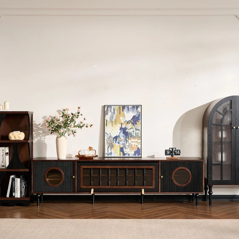 

2026 new French retro solid wood TV cabinet floor-to-ceiling living room antique storage floor cabinet coffee table combination