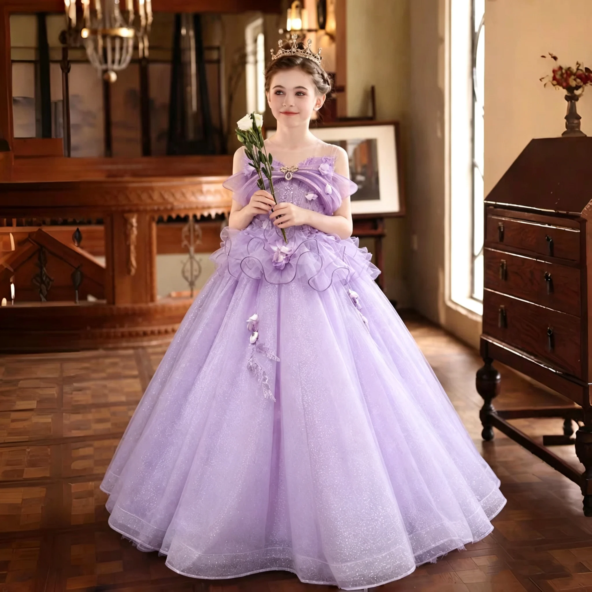 Dreamy Vow D308 Girls Lilac Flower Dress, Sparkle Tulle Off Shoulder with 3D Rose, Princess Gown for Wedding Pageant Birthday