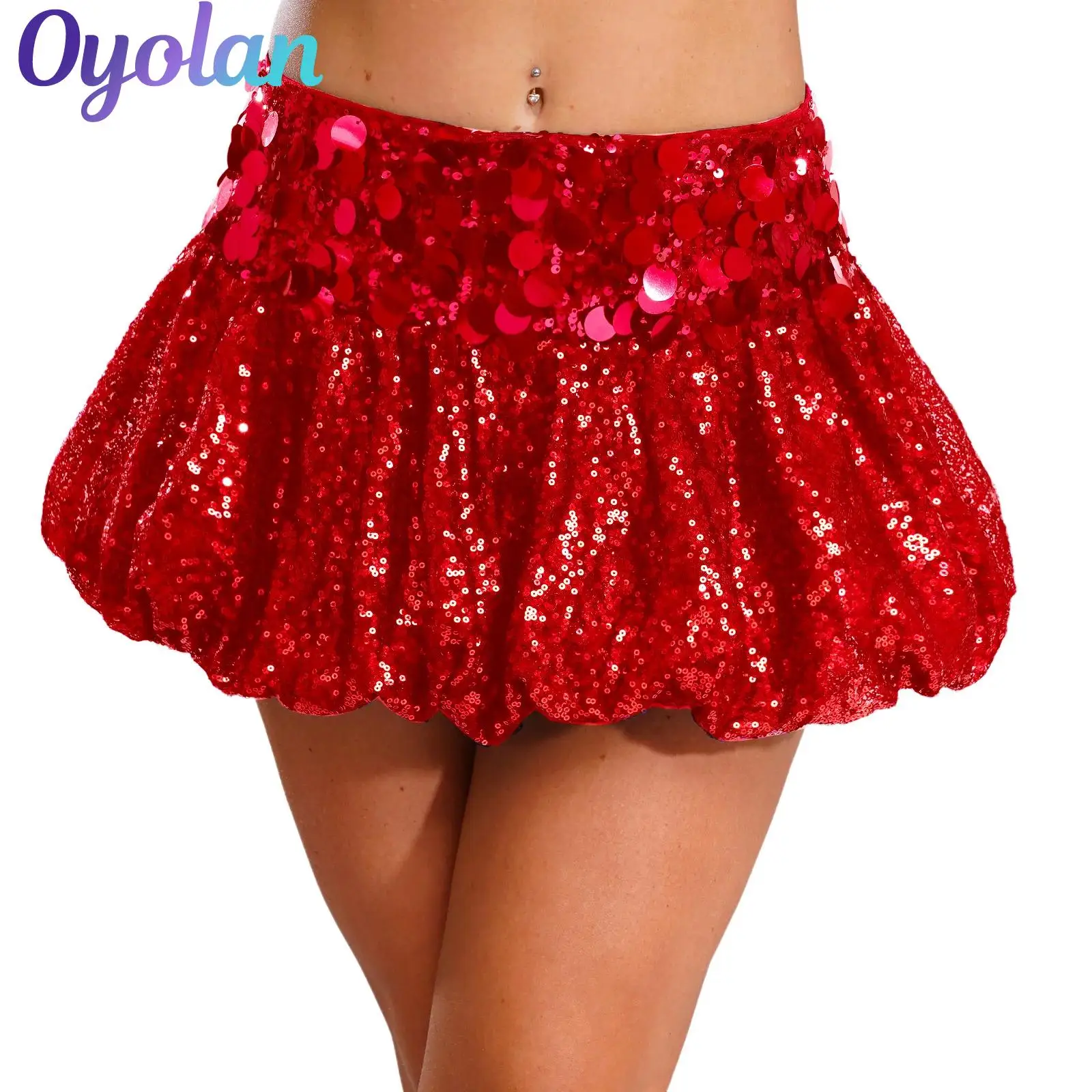 

Womens Glittery Sequin Puff Club Mini Skirt High Waist Elastic Waistband Fully Lining Miniskirt Raves Pole Dance Party Clubwear