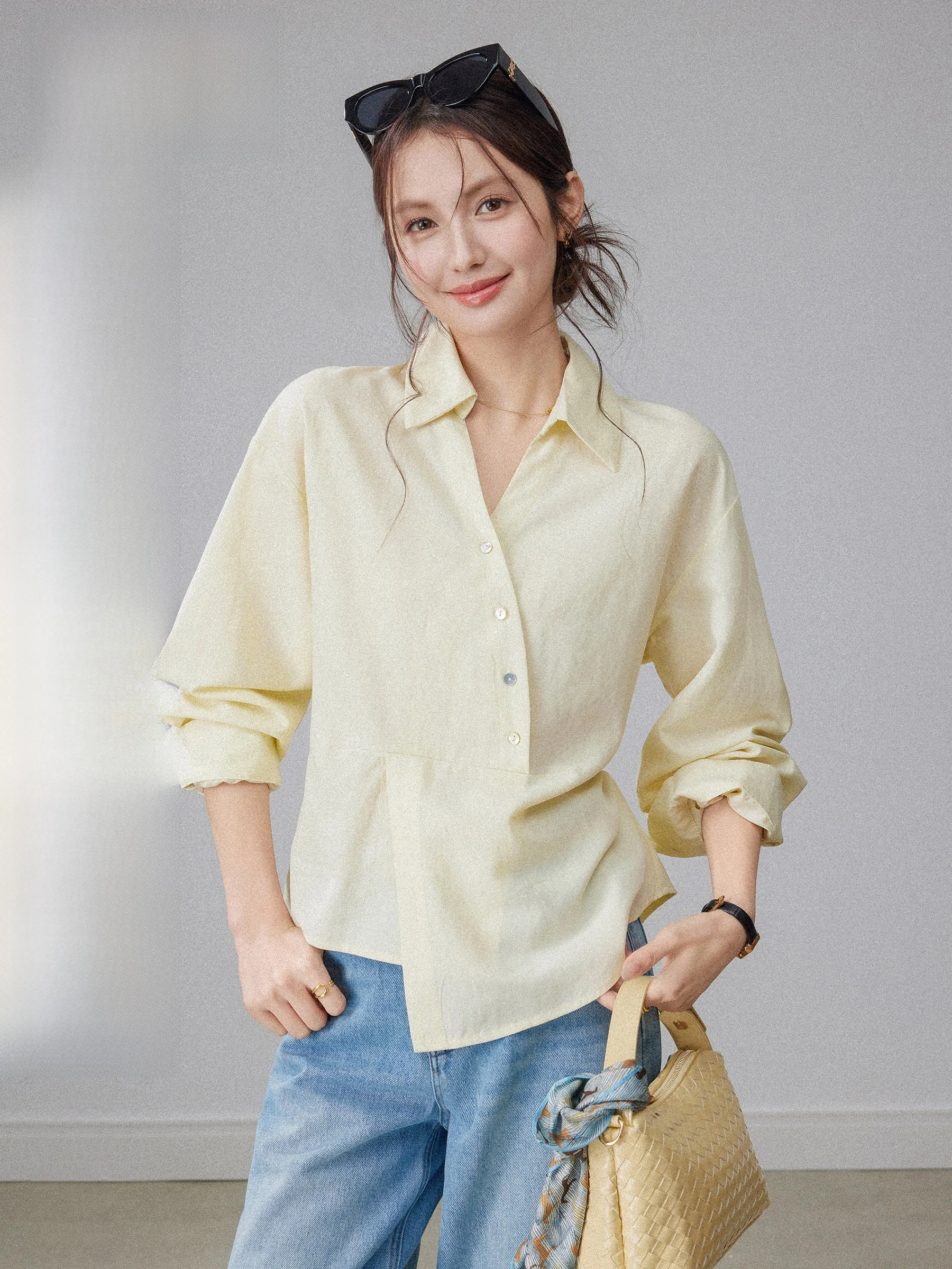 

Красивая асимметричная женская блузка с V-образным вырезом и длинными рукавами, новый дизайн для ранней весны, уникальный корейский стиль, повседневная свободная модель.