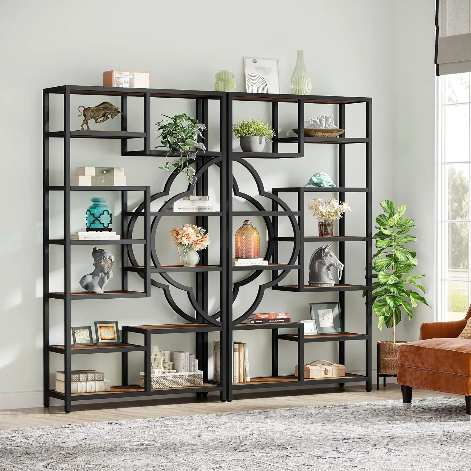 

11-Shelves Tall Bookcase with Unique Arc-Shaped Design, Industrial Etagere Display Storage Shelves for Living Room, Home Office