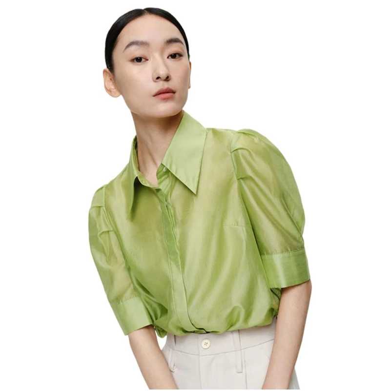 

Summer New Women Rayon Turn-down Collar Shirts Puff Sleeves Fresh Solid Color Temperament Smooth Elegant Comfortable Blouses