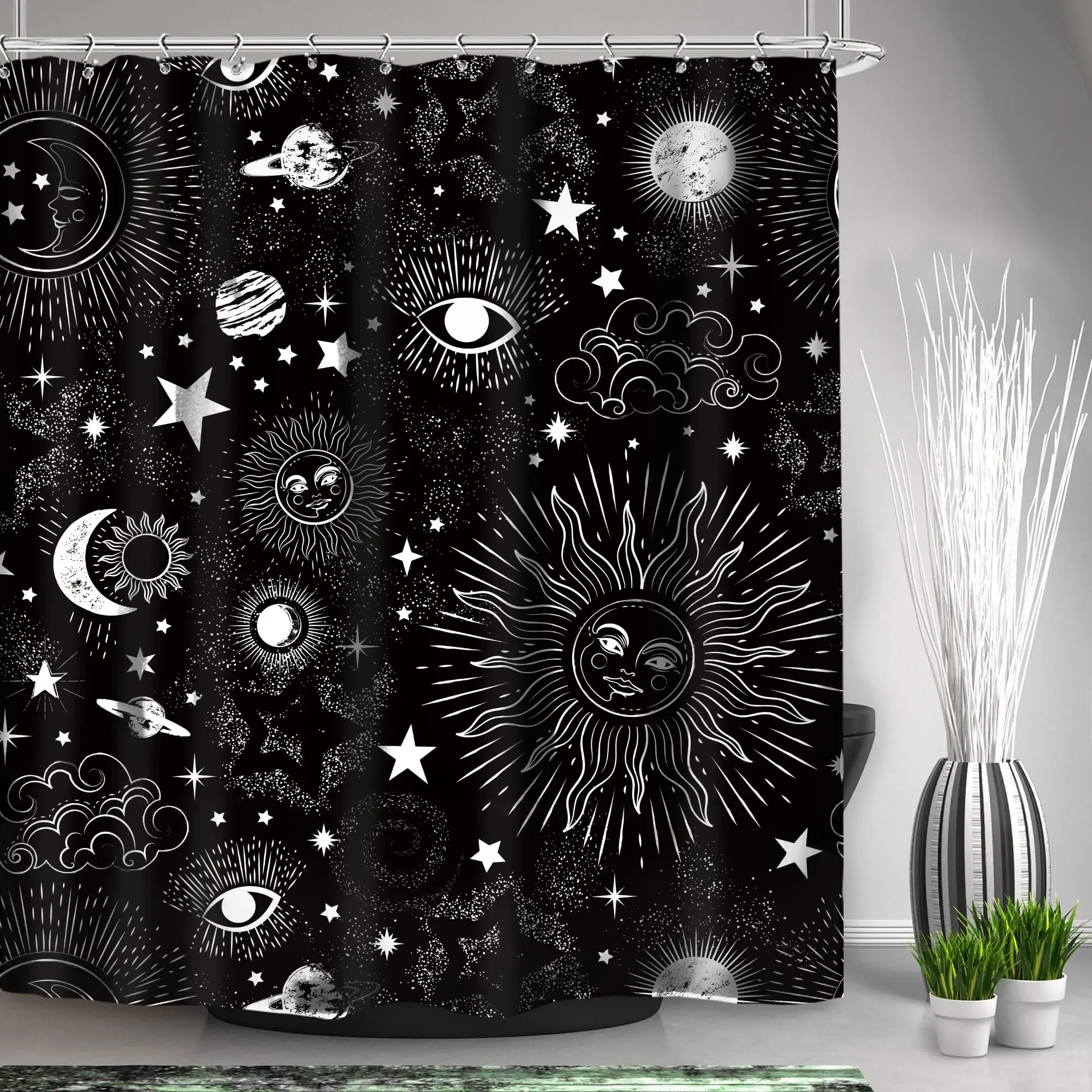 Mandala Celestial Shower Curtain Boho Moon Star Black and White Waterproof Polyester Fabric Bathroom Curtains Home Decor Hooks