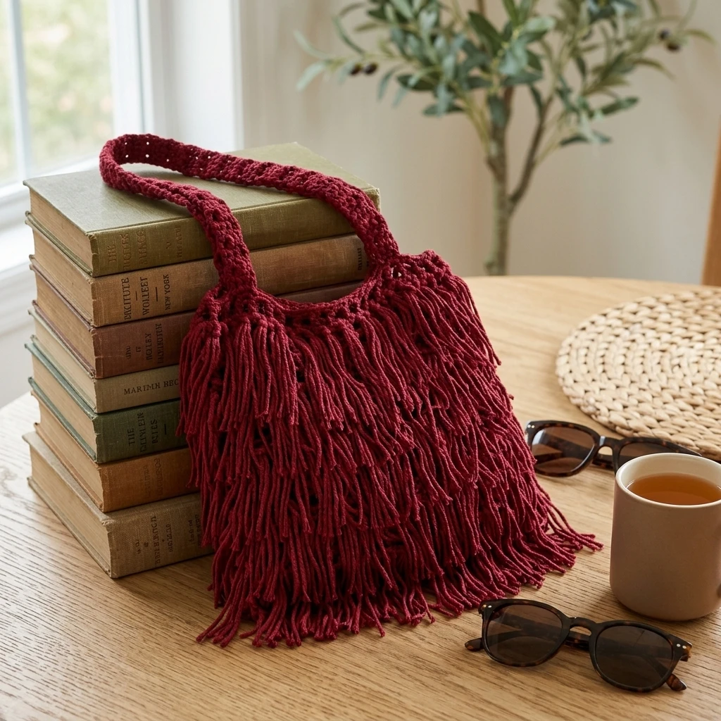 Women's Ethnic Style Woven Shoulder Bag Solid Color Fringe Design Casual Handbag with Adjustable Strap for Daily Use