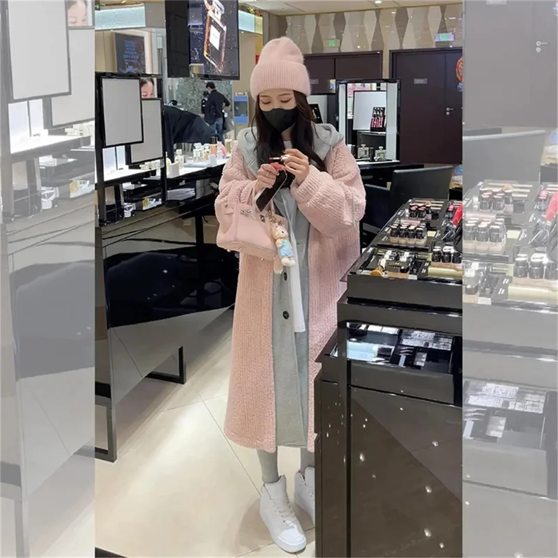 Fake Two-piece Hooded Plush Coat For Women  Autumn Winter New Plush Thickened Warm Loose Fitting Slimming Mid Length Jacket Tren