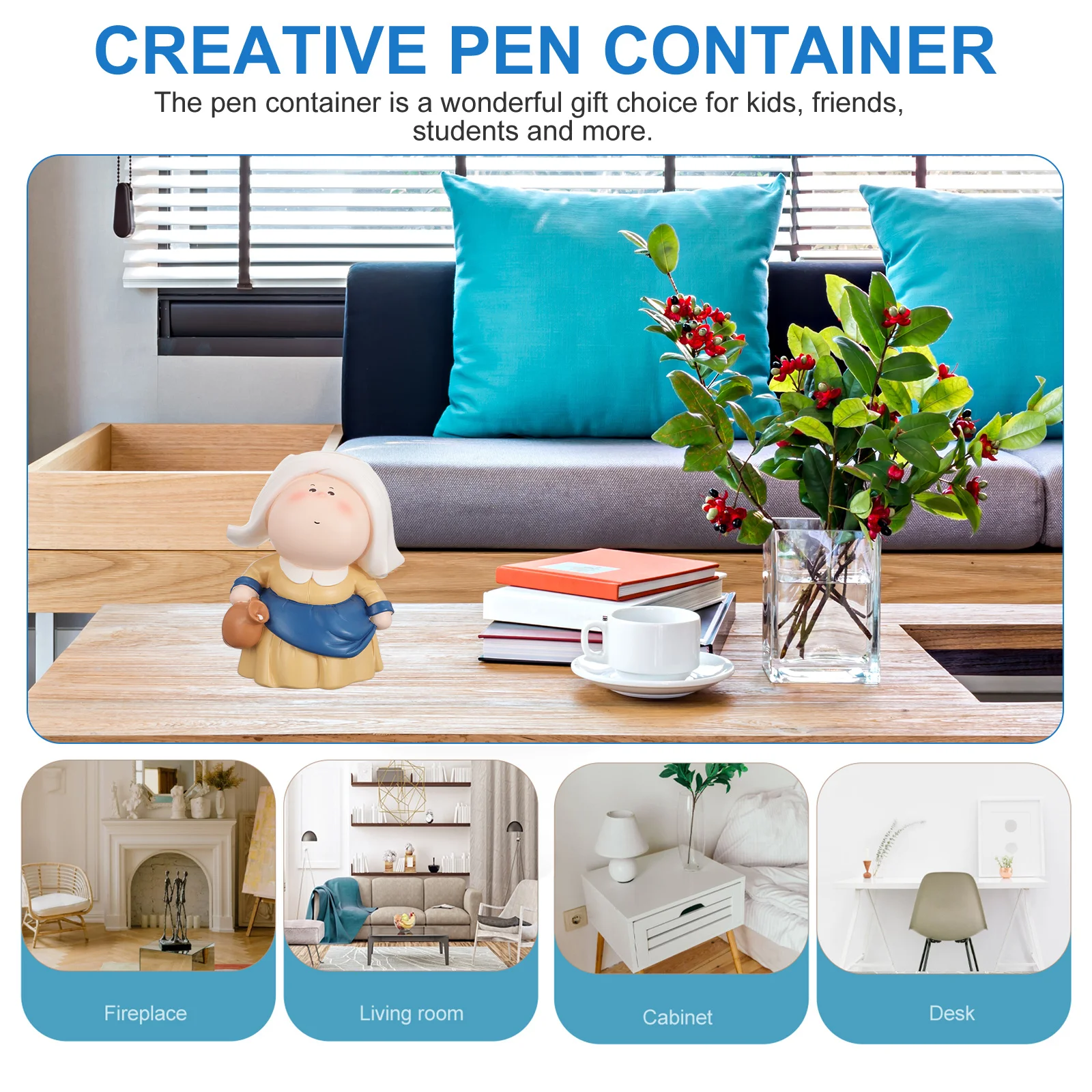 

Cartoon Pen Container Resin Craft Desktop Organizer Multi-Function Stationery Holder for Kids Students