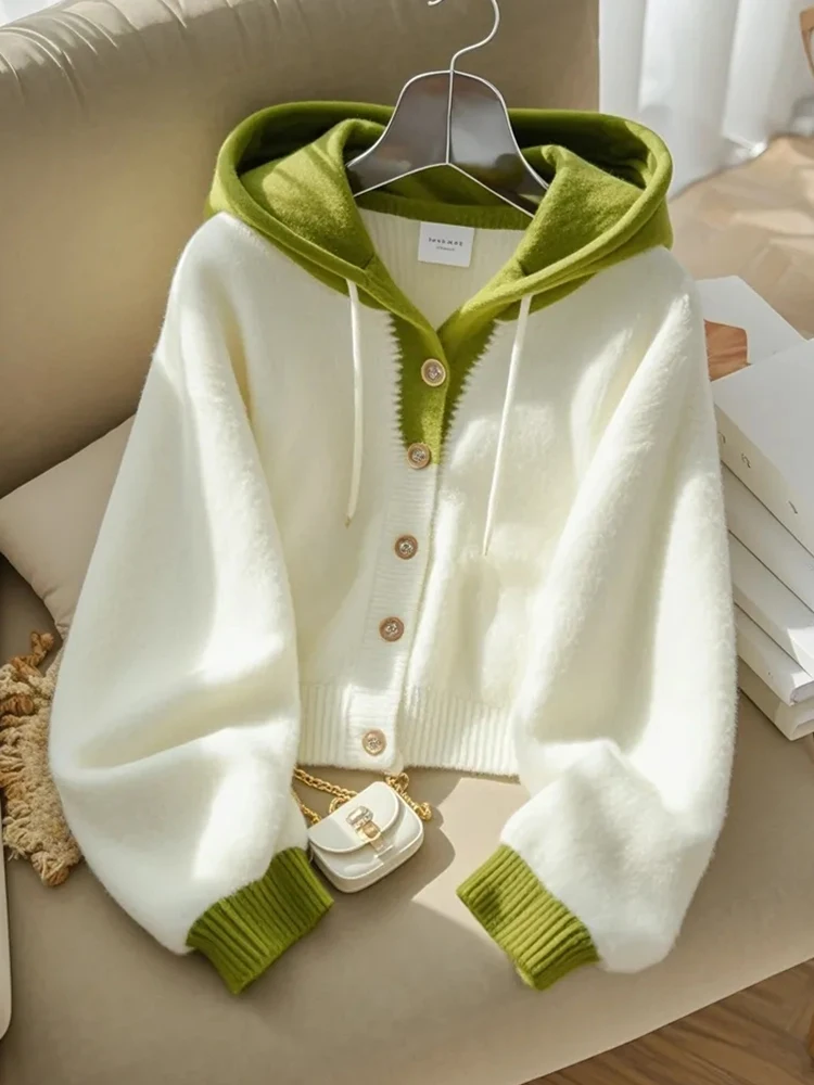 

Sweet Soft Korean Cardigan Sweaters Women Elegant Long Sleeve Knitted Coats Fashion Patchwork Female Cute Hooded Outwears