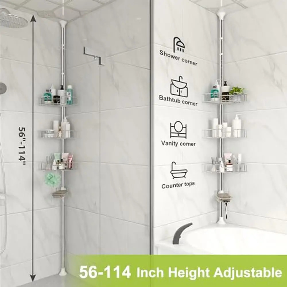 Adjustable Shower Caddy Corner Tension Pole Stainless Steel Organizer Stand Bath Storage Rack with 4 Tier Baskets and Hooks