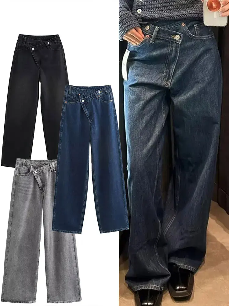 Damenhose, Denim, solide, asymmetrisch, hohe Taille, gerade, lange Hose, Damen, vielseitig, Basic, 2025, neue Damen-Jeans mit weitem Bein